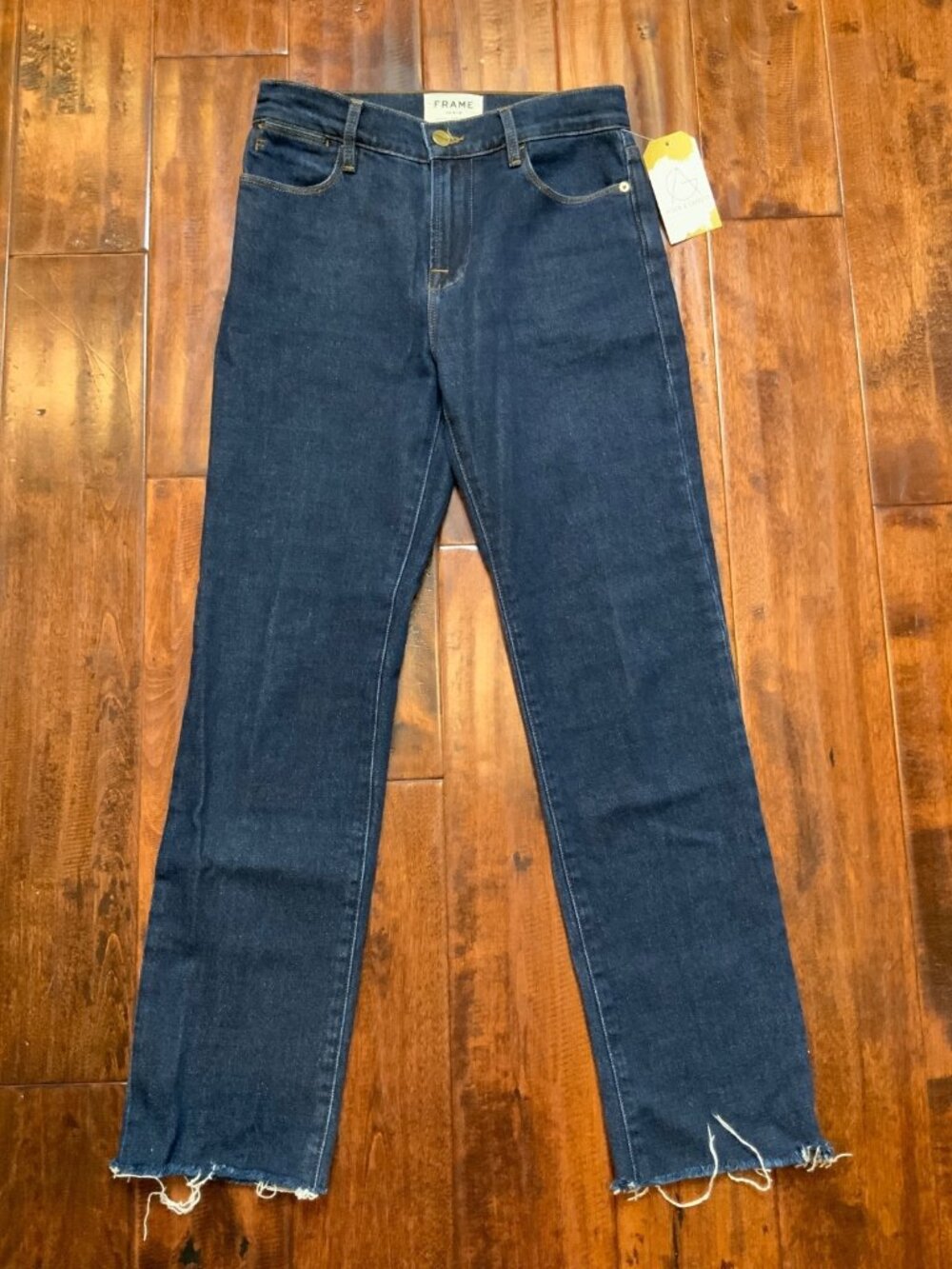 Frame Dark Wash Le High Straight Blue Jeans W/ Raw Hems, Size 24